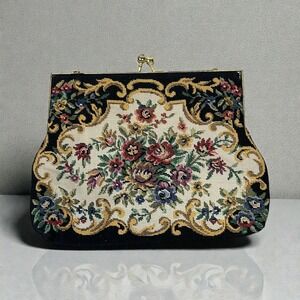 Vintage Collectable Handbag Womens Small Black Floral Tapestry Evening Purse